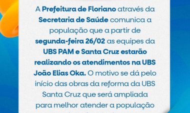 Mudança no local de atendimento das equipes da UBS PAM e Santa Cruz