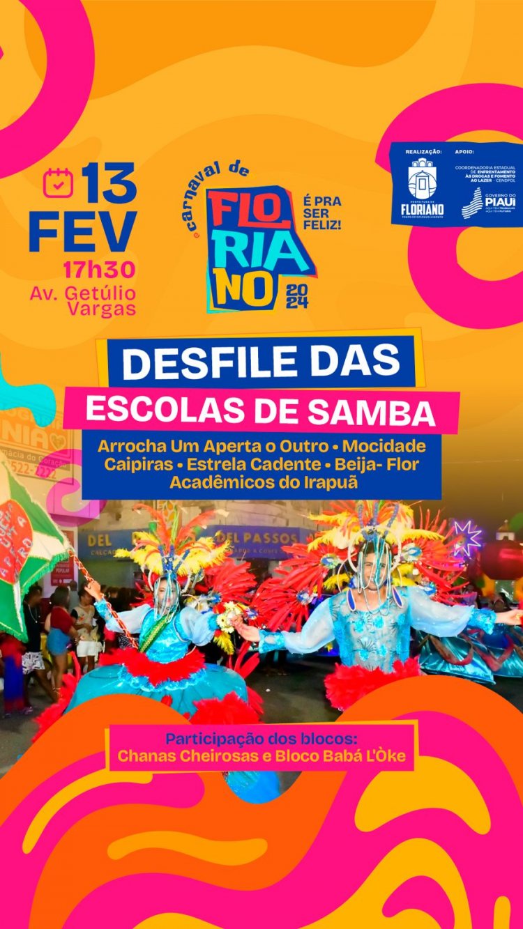 Carnaval de Floriano: sorteio define ordem de entrada das escolas de samba no desfile da avenida