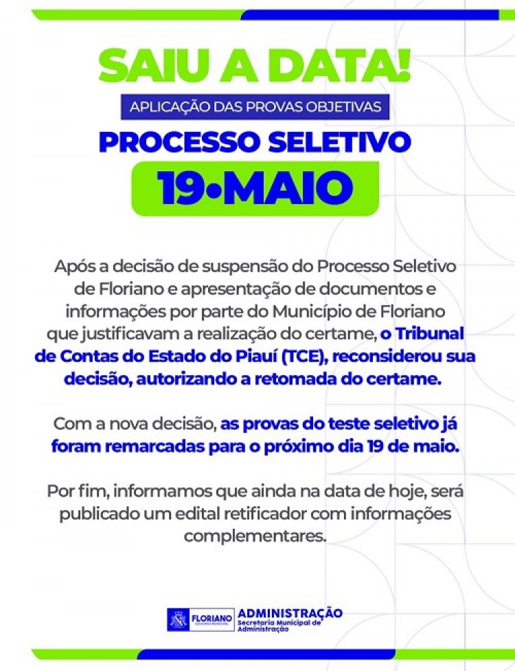 Prefeitura de Floriano anuncia retomada do Processo Seletivo e marca nova data das provas