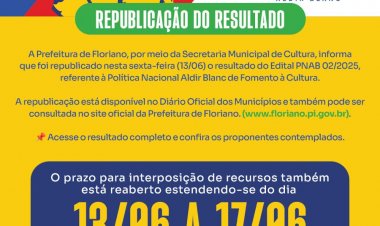 Cultura: Prefeitura de Floriano republica resultado preliminar da Política Nacional Aldir Blanc
