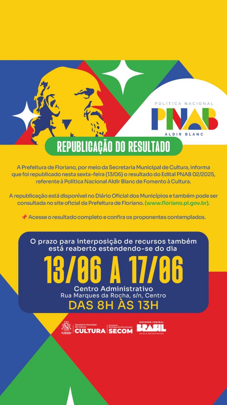Cultura: Prefeitura de Floriano republica resultado preliminar da Política Nacional Aldir Blanc