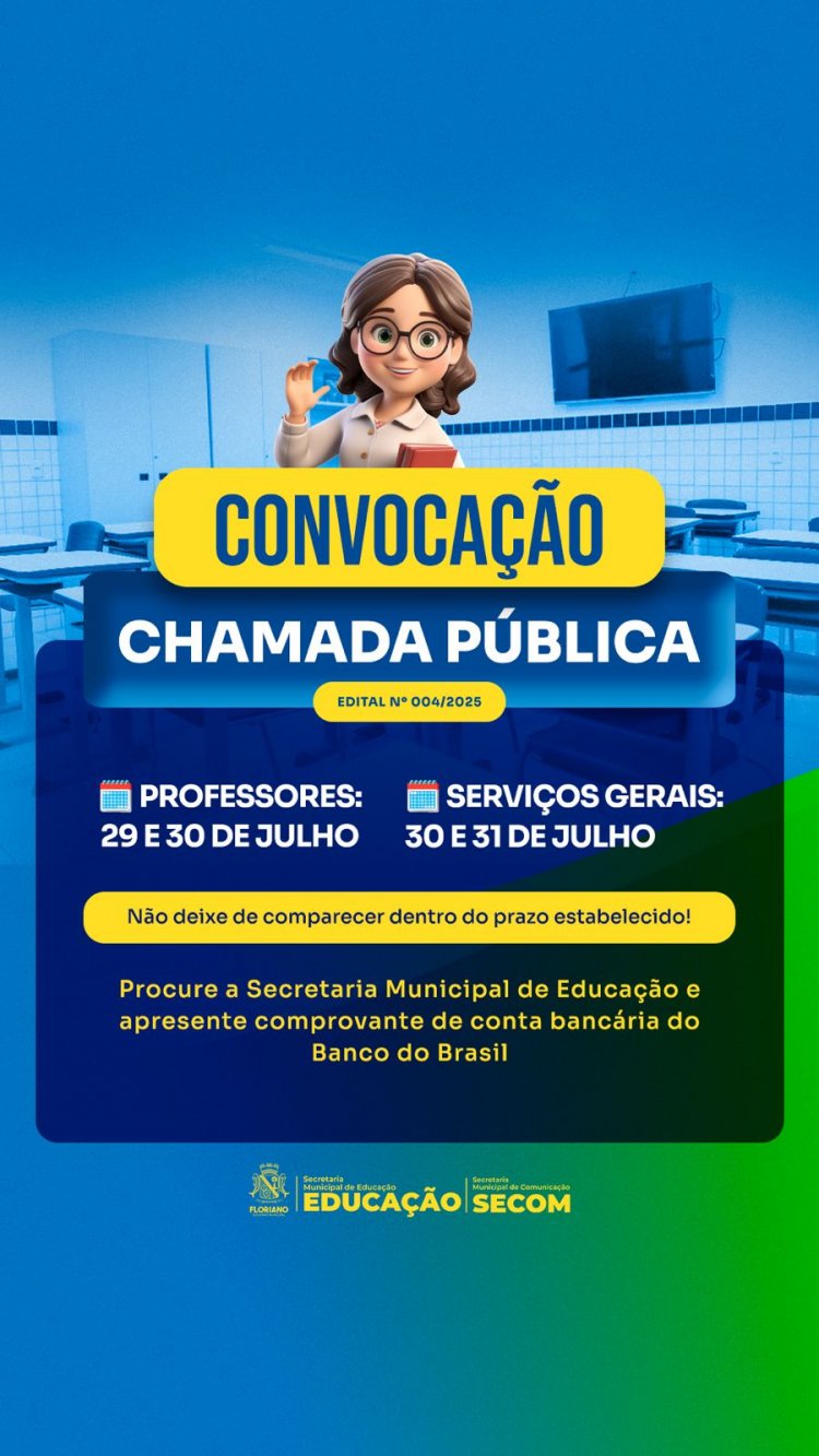 Educação de Floriano convoca aprovados na chamada pública para professor e auxiliar de serviços gerais