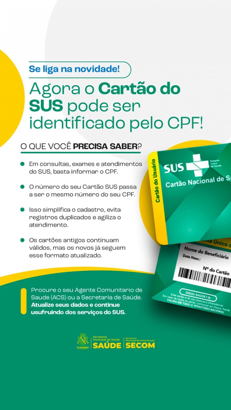 Saúde de Floriano informa que o Cartão do SUS será identificado pelo CPF