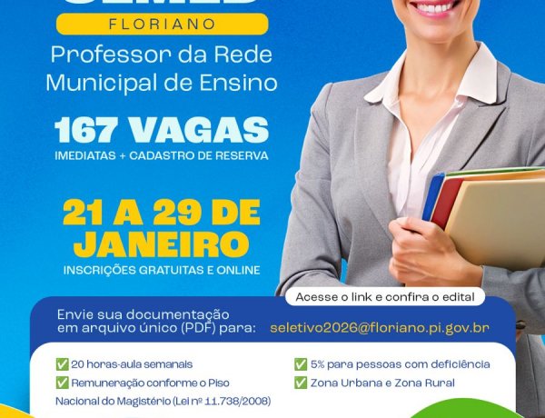 Prefeitura de Floriano lança seletivo para contratação temporária de professores para a rede municipal