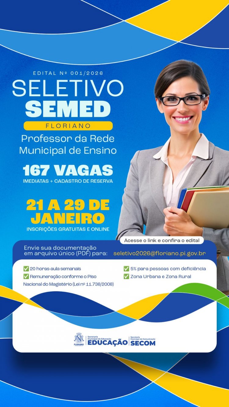 Prefeitura de Floriano lança seletivo para contratação temporária de professores para a rede municipal